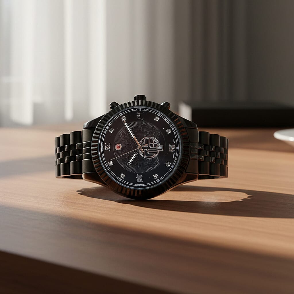 GENOA TIME V2 Miyota 2115 Quartz 3ATM WR Dragon Pattern & Crystal Dial & Black Case Mens Watch with Black Stainless Steel Strap